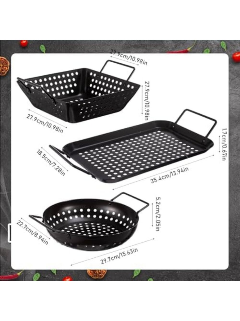 3-Pack Stainless Steel Grill Topper Pans for BBQ, Nonstick Vegetable & Meat - Picture 2 of 6